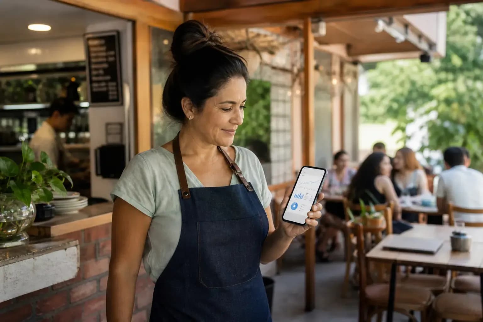 Dona do restaurante acompanhando os resultados do negócio pelo celular.